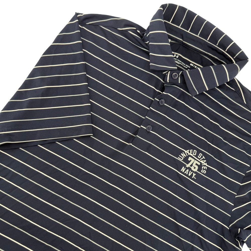 Under Armour Polo Shirt Mens Medium Blue Striped US Navy 75 HeatGear UM0555 Golf